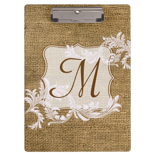 Burlap Country Lace Monogram Initiaal Clip Board Klembord (Voorkant)