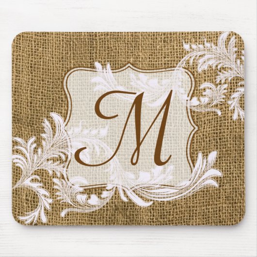 Burlap Country Lace Monogram Initiaal Muismat (Voorkant)