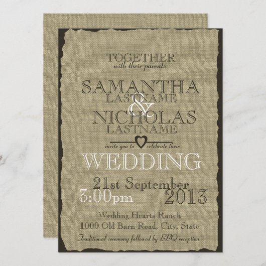Burlap Country rustieke bruiloft Kaart (Voorkant / Achterkant)