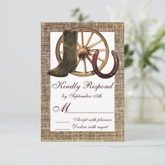Burlap Cowboy Boots Wagon Wheel Hoefijzer RSVP (Staand voorkant)