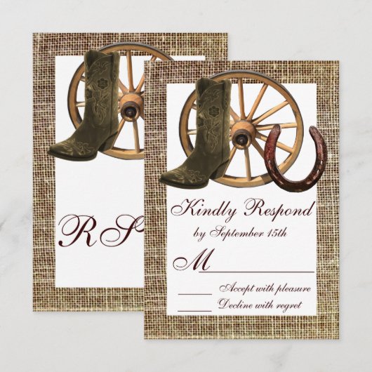 Burlap Cowboy Boots Wagon Wheel Hoefijzer RSVP (Voorkant / Achterkant)