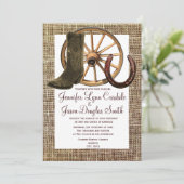 Burlap Cowboy Boots Wagon Wheel Hoefijzer Weddensc Kaart (Staand voorkant)