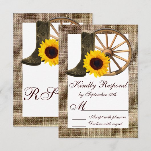 Burlap Cowboy Boots Wagon Wheel Sunflower RSVP (Voorkant / Achterkant)