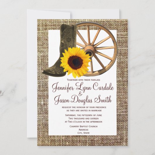 Burlap Cowboy Boots Wagon Wheel Sunflower Weddensc Kaart (Voorkant)