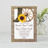 Burlap Cowboy Boots Wagon Wheel Sunflower Weddensc Kaart (Staand voorkant)