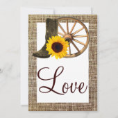 Burlap Cowboy Boots Wagon Wheel Sunflower Weddensc Kaart (Achterkant)