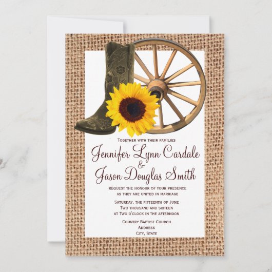 Burlap Cowboy Boots Wagon Wheel Sunflower Weddensc Kaart (Voorkant)