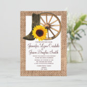 Burlap Cowboy Boots Wagon Wheel Sunflower Weddensc Kaart (Staand voorkant)