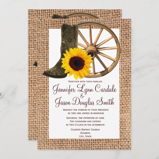 Burlap Cowboy Boots Wagon Wheel Sunflower Weddensc Kaart (Voorkant / Achterkant)