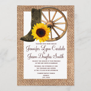 Burlap Cowboy Boots Wagon Wheel Sunflower Weddensc Kaart
