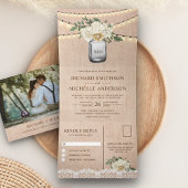 Burlap Cream Bloemen Mason Jar String Licht Bruilo Drieluik Uitnodiging
