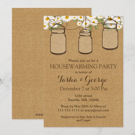 Burlap Daisies Mason Jars uitnodiging voor huisver (Voorkant / Achterkant)