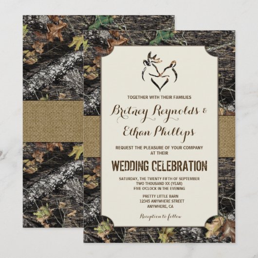 Burlap + Deer Hunting Camo Wedding Invitations Kaart (Voorkant / Achterkant)
