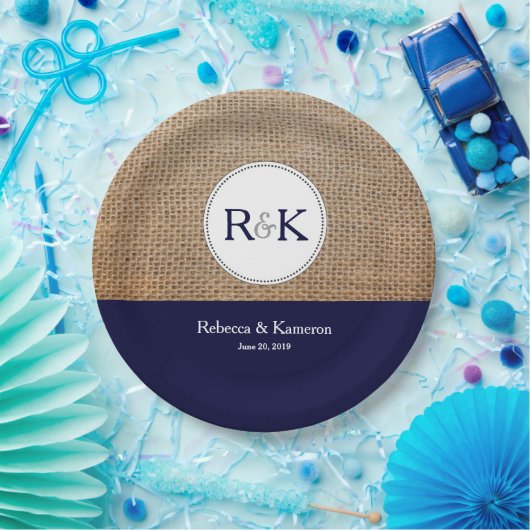 Burlap & Donkerblauw Gepersonaliseerde bruiloft Papieren Bordje (Feest)