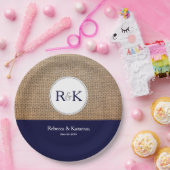 Burlap & Donkerblauw Gepersonaliseerde bruiloft Papieren Bordje (Feest)