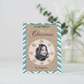 Burlap- en Aqua Chevron-kerstfotokaart Feestdagenkaart (Staand voorkant)