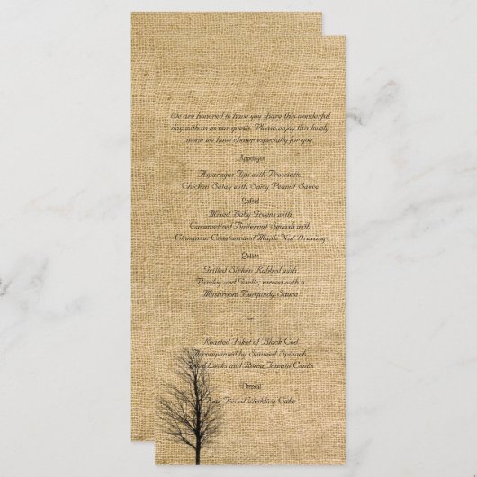 Burlap en Birch Posh Bruiloft Menu (Voorkant / Achterkant)