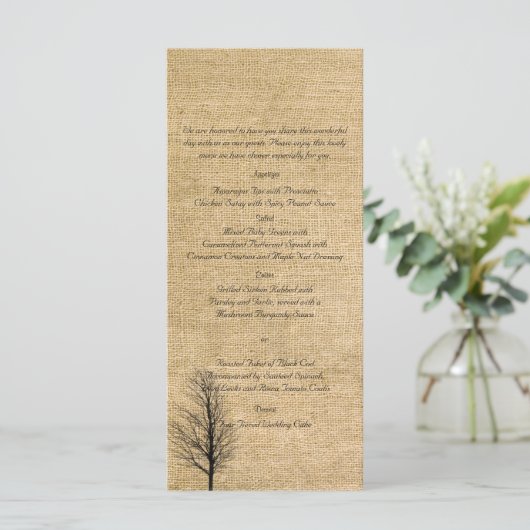 Burlap en Birch Posh Bruiloft Menu (Staand voorkant)