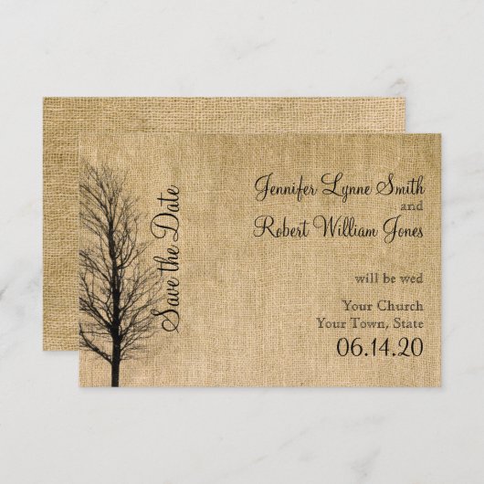 Burlap en Birch Posh Bruiloft Save the Date (Voorkant / Achterkant)