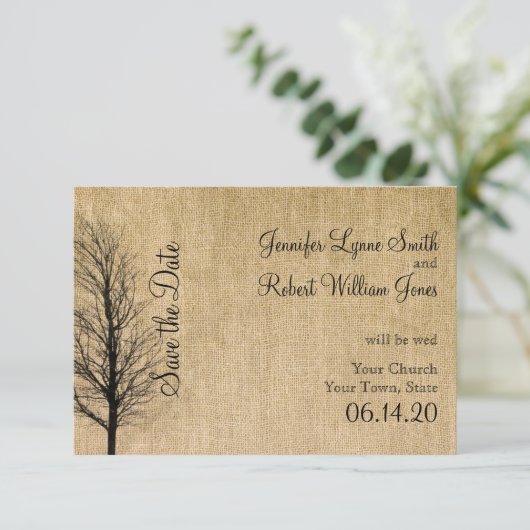Burlap en Birch Posh Bruiloft Save the Date (Staand voorkant)
