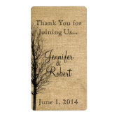 Burlap en Birch Posh Bruiloft Wijn Label (Voorkant)