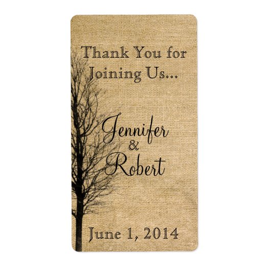 Burlap en Birch Posh Bruiloft Wijn Label (Voorkant)