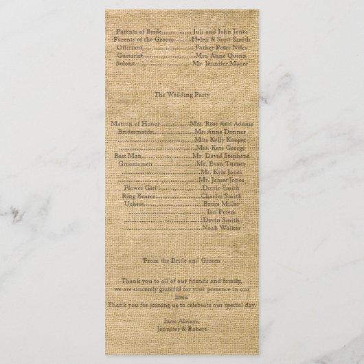 Burlap en Birch Posh trouwprogramma Programmakaart (Achterkant)
