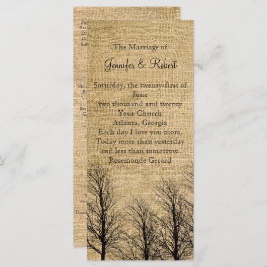 Burlap en Birch Posh trouwprogramma Programmakaart (Voorkant / Achterkant)