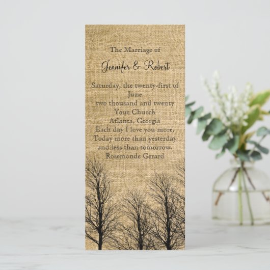 Burlap en Birch Posh trouwprogramma Programmakaart (Staand voorkant)