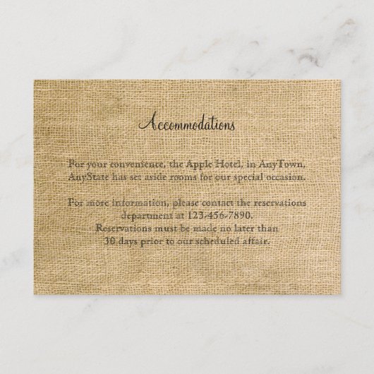 Burlap en Birch Posh Wedding Insert Informatiekaartje (Voorkant)