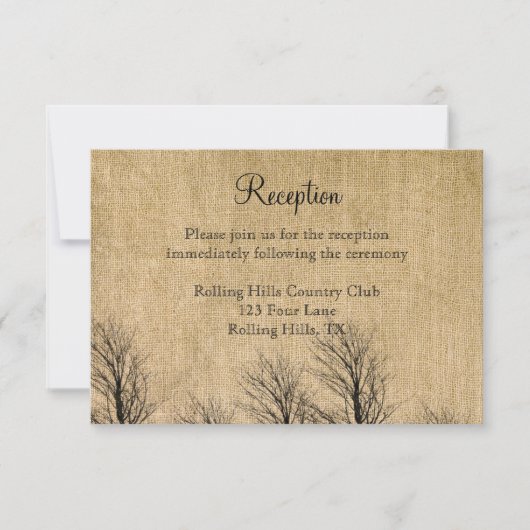 Burlap en Birch Posh Wedding Reception Kaart (Voorkant)