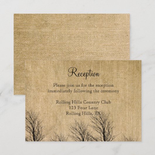 Burlap en Birch Posh Wedding Reception Kaart (Voorkant / Achterkant)