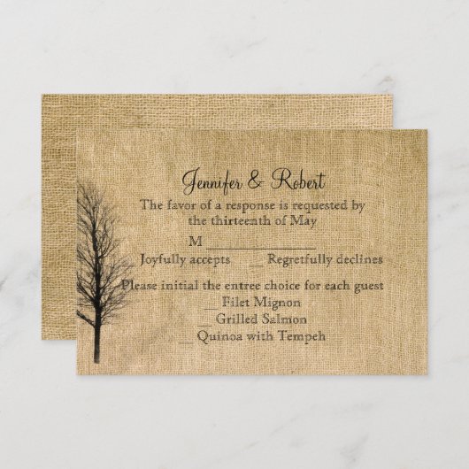 Burlap en Birch Posh Wedding Response Kaart (Voorkant / Achterkant)
