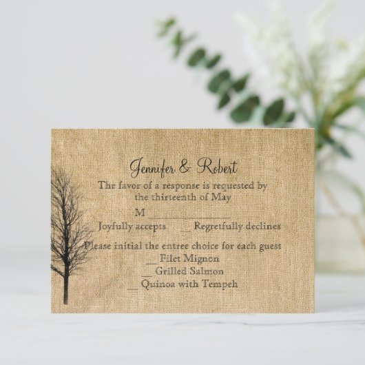 Burlap en Birch Posh Wedding Response Kaart (Staand voorkant)