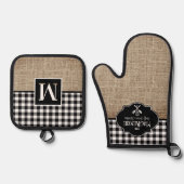 Burlap en Black Buffalo Check gepersonaliseerd Ovenwant & Pannenlap Set (Voorkant)