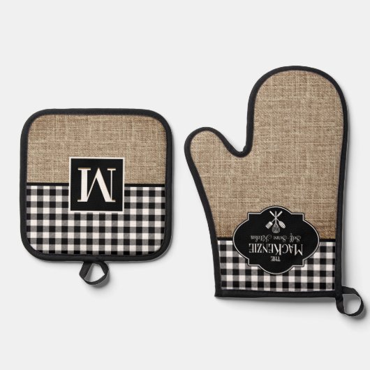 Burlap en Black Buffalo Check gepersonaliseerd Ovenwant & Pannenlap Set (Voorkant)