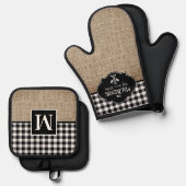 Burlap en Black Buffalo Check gepersonaliseerd Ovenwant & Pannenlap Set (Voorkant / Achterkant)