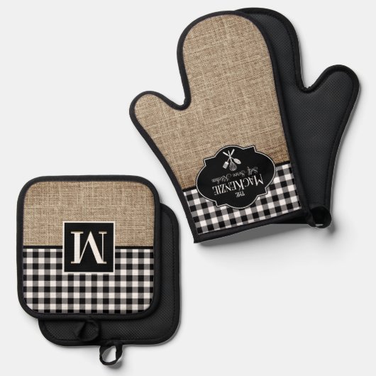 Burlap en Black Buffalo Check gepersonaliseerd Ovenwant & Pannenlap Set (Voorkant / Achterkant)