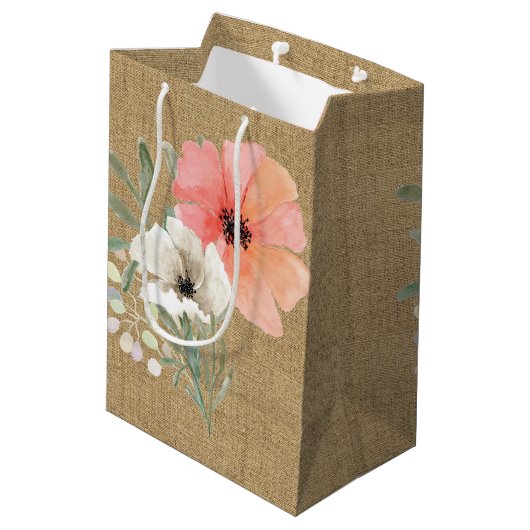 Burlap en bloemen cadeau tas medium cadeauzakje (Achterkant Gekanteld)