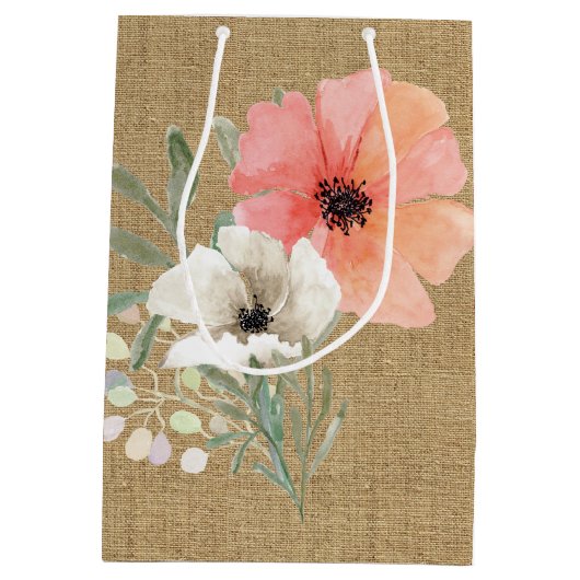 Burlap en bloemen cadeau tas medium cadeauzakje (Achterkant)