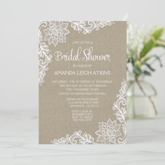 Burlap en Bloemen Kant Bruids Douche Uitnodigingen (Staand voorkant)