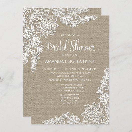 Burlap en Bloemen Kant Bruids Douche Uitnodigingen (Voorkant / Achterkant)