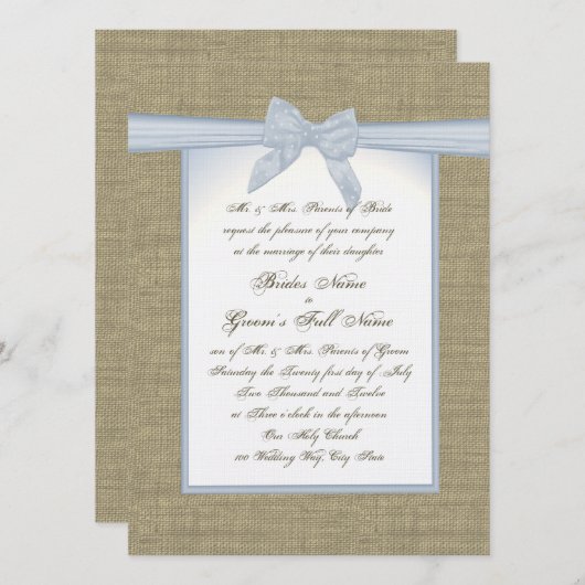 Burlap en Blue Bow Country Wedding Kaart (Voorkant / Achterkant)