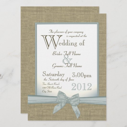 Burlap en Bow Blue Country Wedding Kaart (Voorkant / Achterkant)