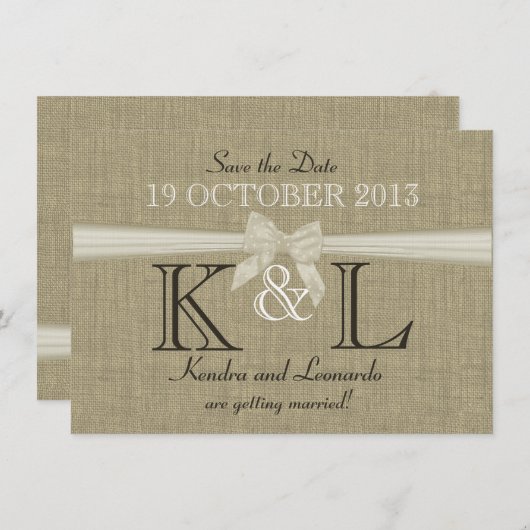 Burlap en Bow Country Sla de datum op Save The Date (Voorkant / Achterkant)