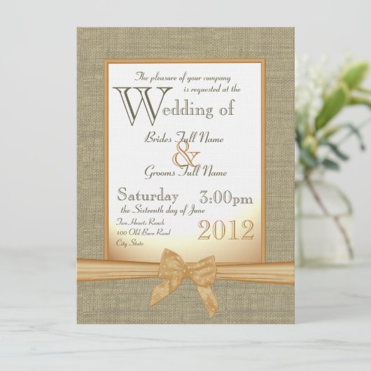 Burlap en Bow Oranje Country Wedding Kaart (Staand voorkant)