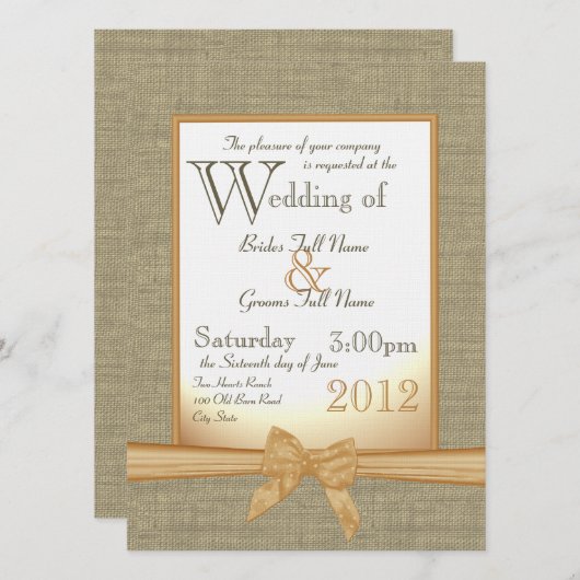 Burlap en Bow Oranje Country Wedding Kaart (Voorkant / Achterkant)