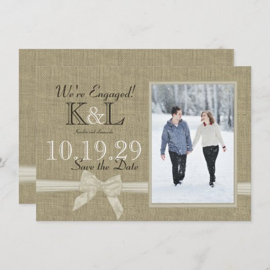 Burlap en Bow Rustic Country Save the Date (Voorkant / Achterkant)