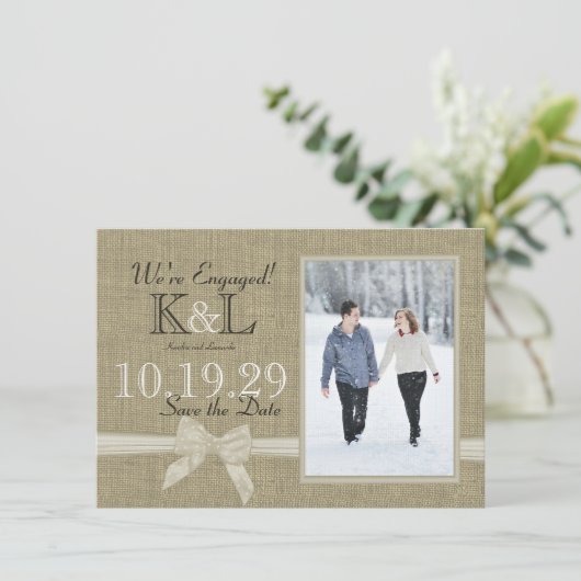 Burlap en Bow Rustic Country Save the Date (Staand voorkant)