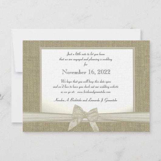 Burlap en Bow Rustic Country Save the Date (Achterkant)